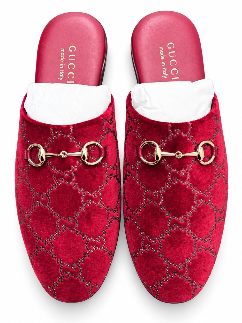 Gucci Horsebit GG Crystal Velvet Princetown Mules Red Size 39.5